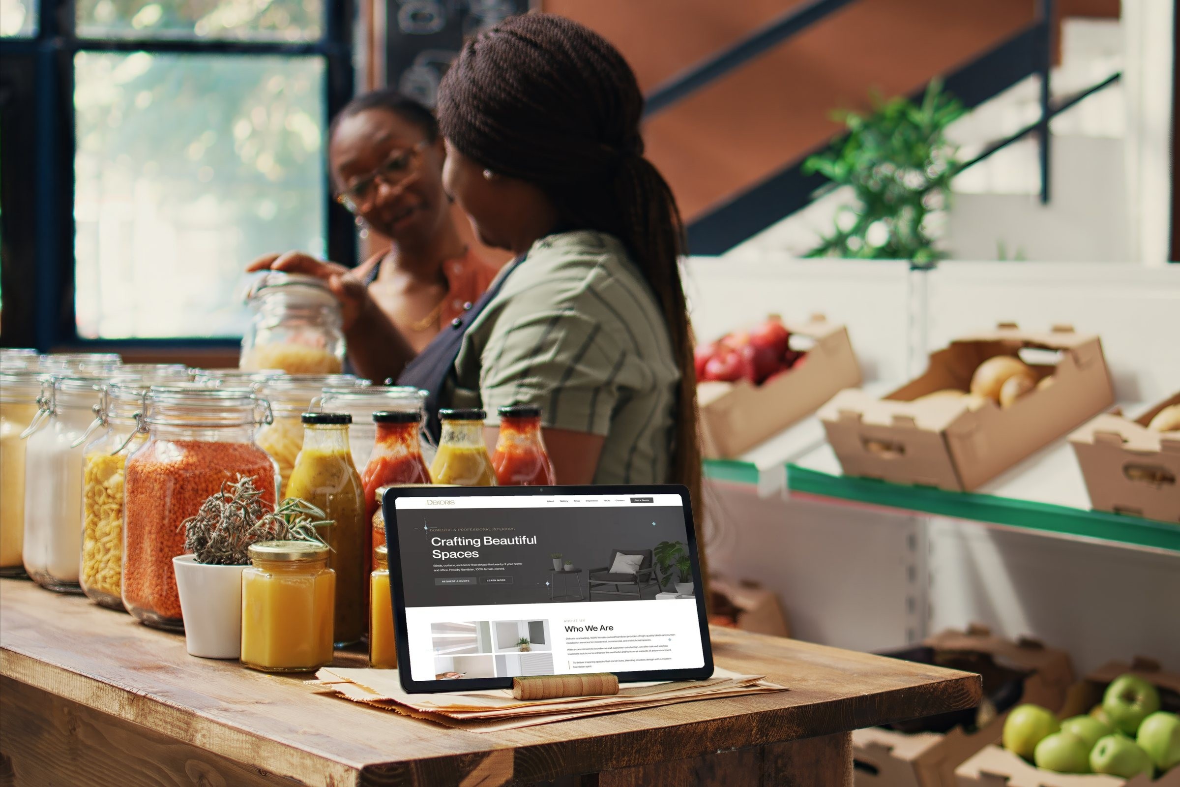 Two shop owners talking at their counter, a tablet beside them showing a website built by Fontein