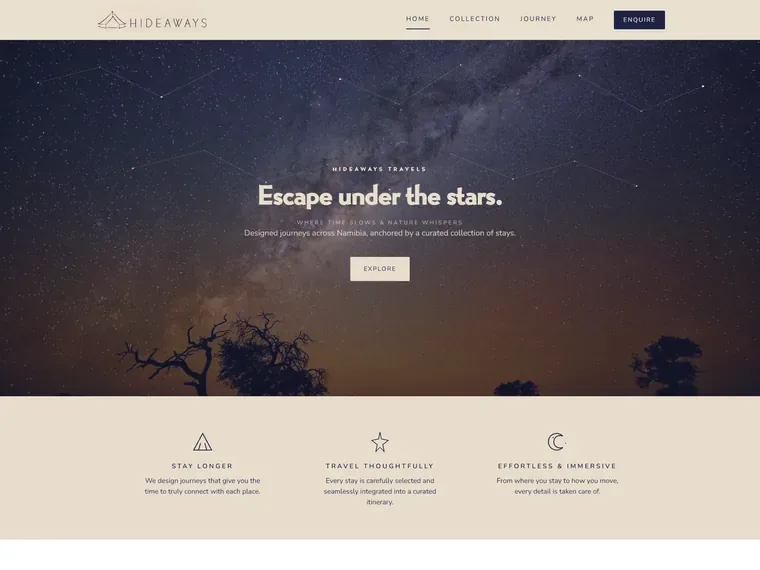 Hideaways website, built by Fontein